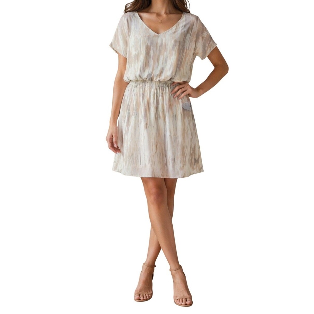 Express Womens V-Neck Elastic Waist Abstract Print Short Sleeve Mini Dress L